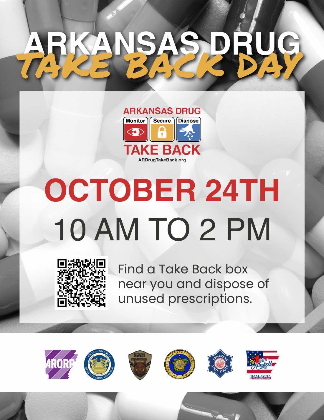 Arkansas Drug Take Back Day, October 24th, 10 AM to 2 PM. Find a Take Back box near you at ARDrugTakeBack.org